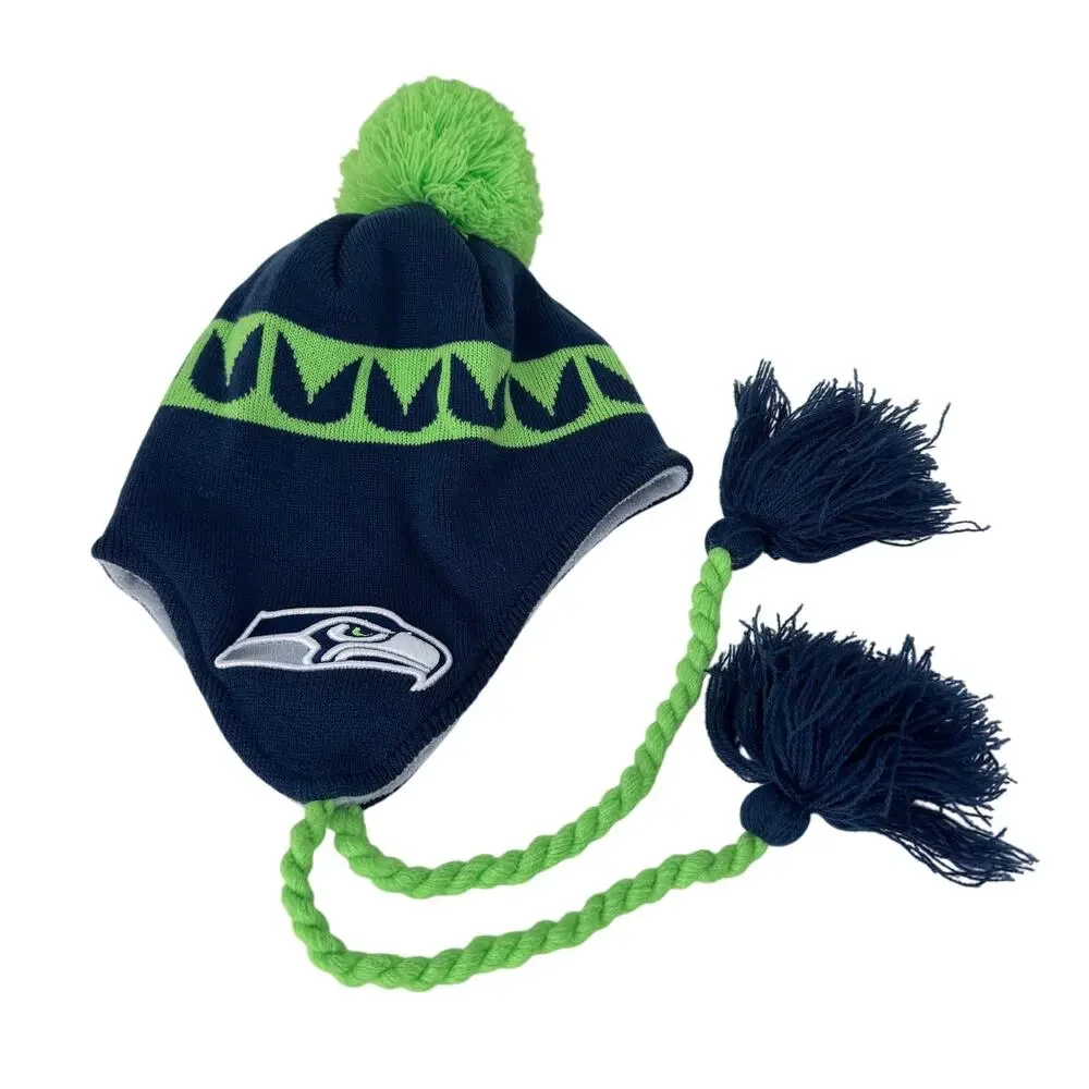 New Era Seattle Seahawks Jacquard Tassel Beanie Hat with Pom Blue Green‎ Youth